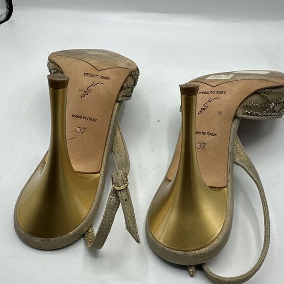 Rene Caovilla Gold Metallic Pink Beaded Leather Heels Slingbacks Sz 7 - Picture 9 of 10
